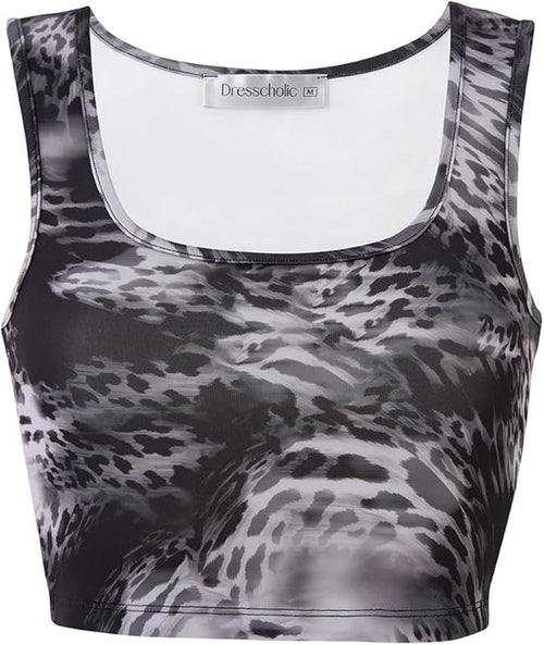 Women's Crop Tank Top – Double Lined Scuba U-Neck Sleeveless Shirt, Gray Watermark Print, Workout & Casual Going Out Top