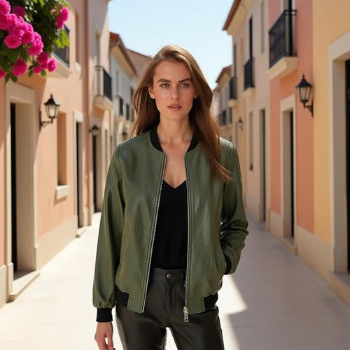 Women's Khaki Full Zip Padded Bomber Jacket – Lightweight Windproof Casual Outerwear with Ribbed Hem & Stand Collar