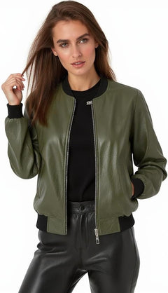 Women's Khaki Full Zip Padded Bomber Jacket – Lightweight Windproof Casual Outerwear with Ribbed Hem & Stand Collar