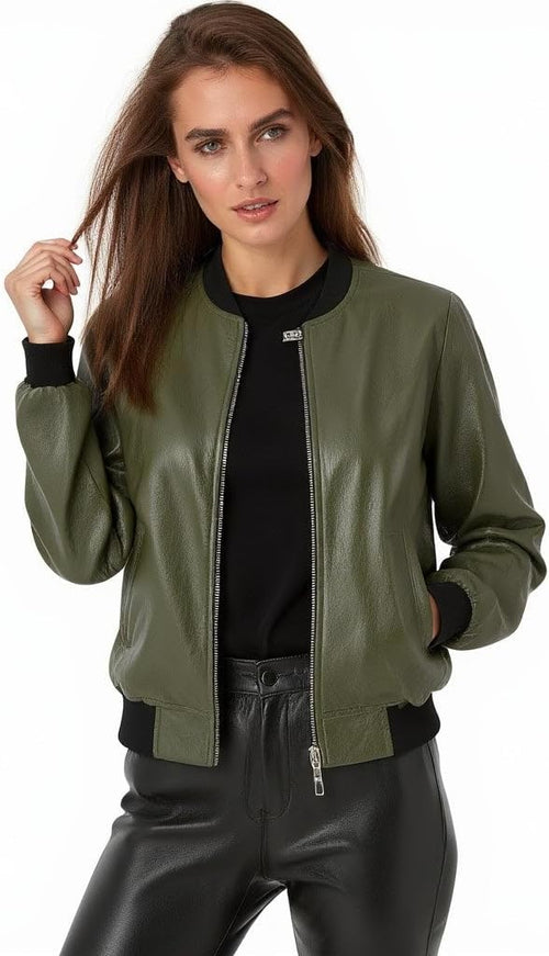 Women's Khaki Full Zip Padded Bomber Jacket – Lightweight Windproof Casual Outerwear with Ribbed Hem & Stand Collar