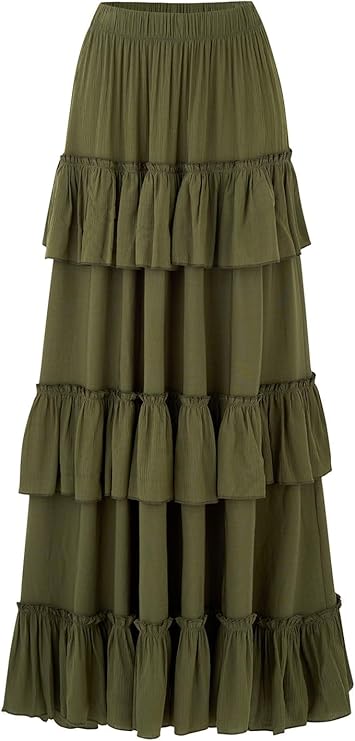Women's Solid 3-Layer Frill Maxi Skirt – Long Flowing Viscose Skirt, Tiered Boho Style for Casual & Dressy Wear
