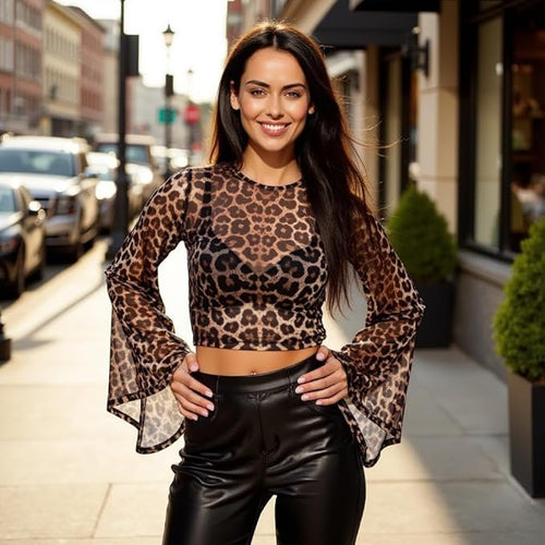 Women's Leopard Print Mesh Top – Long Sleeve Sheer Crew Neck Shirt, Slim Fit See-Through Layering Shirt