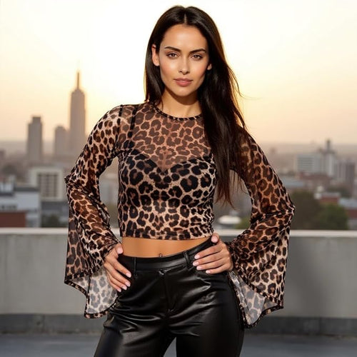 Women's Leopard Print Mesh Top – Long Sleeve Sheer Crew Neck Shirt, Slim Fit See-Through Layering Shirt