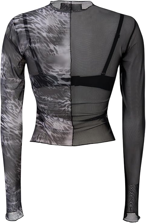 Women's Sheer Mesh Long Sleeve Top – Printed Mock Neck Shirt with Gray Watermark Design – Slim Fit Layering Blouse