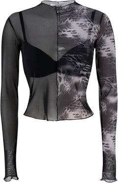 Women's Sheer Mesh Long Sleeve Top – Printed Mock Neck Shirt with Gray Watermark Design – Slim Fit Layering Blouse