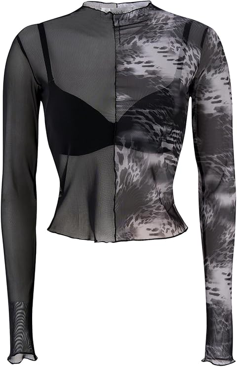 Women's Sheer Mesh Long Sleeve Top – Printed Mock Neck Shirt with Gray Watermark Design – Slim Fit Layering Blouse