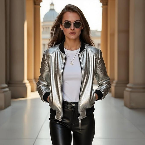 Women's Metallic Gray Bomber Jacket – Full Zip Lightweight Padded Windproof Outerwear with Ribbed Hem & Stand Collar