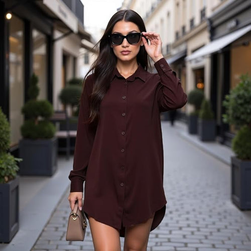 Women's Brown Button Down Dress Shirt – Wrinkle-Free Long Sleeve Solid Work Blouse, Soft Viscose Office & Casual Top