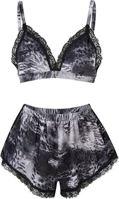 Women's 2 Piece Tie-Dye Velvet Loungewear Set - Soft Sleepwear Bralette and Shorts, Gray Watermark