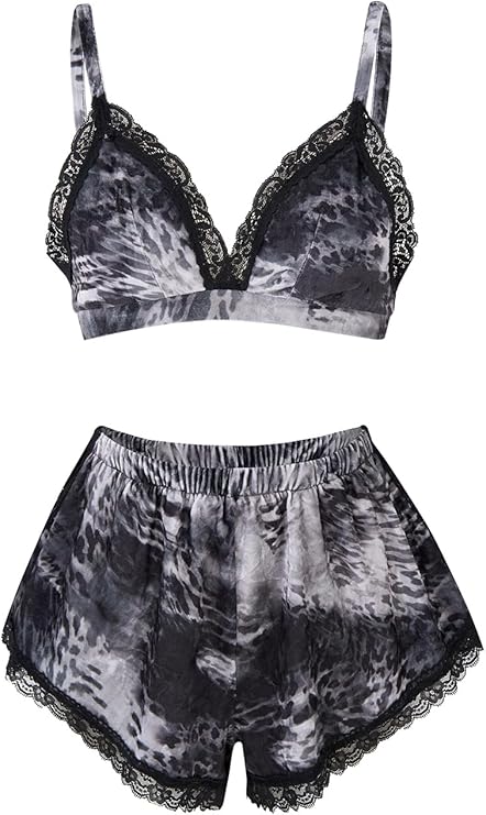 Women's 2 Piece Tie-Dye Velvet Loungewear Set - Soft Sleepwear Bralette and Shorts, Gray Watermark