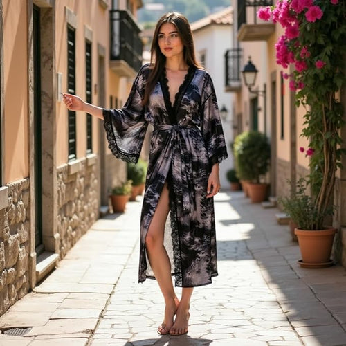Women's Satin Kimono Robe with Lace Trim, Tie-Dye Print, Black and Gray, Long Length