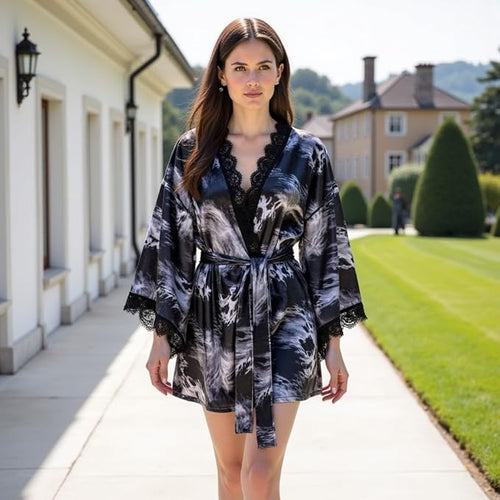 Women's Short Satin Robe with Lace Trim – Lightweight Kimono Sleepwear Dressing Gown