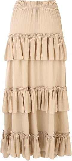 Women's Solid 3-Layer Frill Maxi Skirt – Long Flowing Viscose Skirt, Tiered Boho Style for Casual & Dressy Wear