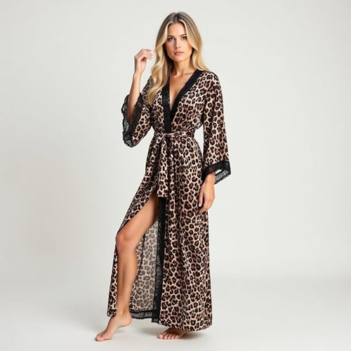 Women's Satin Kimono Robe with Lace Trim, Tie-Dye Print, Black and Gray, Long Length