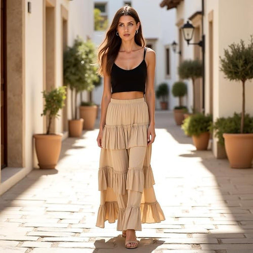 Women's Solid 3-Layer Frill Maxi Skirt – Long Flowing Viscose Skirt, Tiered Boho Style for Casual & Dressy Wear
