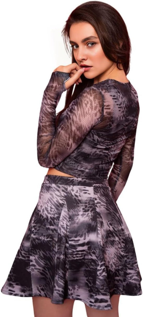 Women's Gray Watermark Mesh Top – Sheer Long Sleeve Slim Fit Crew Neck Blouse, Lightweight Printed Layering Shirt