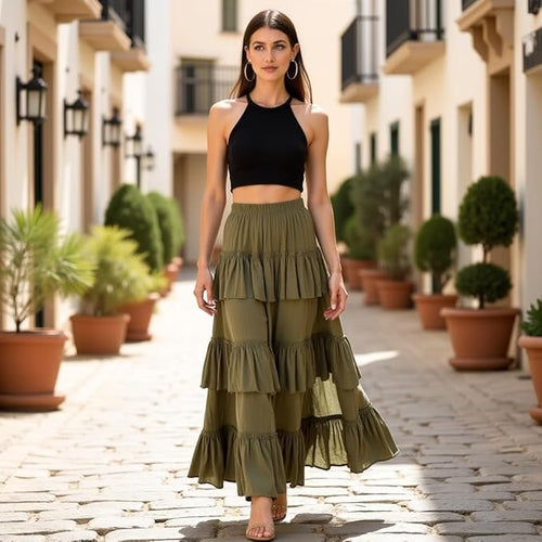 Women's Solid 3-Layer Frill Maxi Skirt – Long Flowing Viscose Skirt, Tiered Boho Style for Casual & Dressy Wear