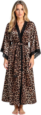 Women's Satin Kimono Robe with Lace Trim, Tie-Dye Print, Black and Gray, Long Length