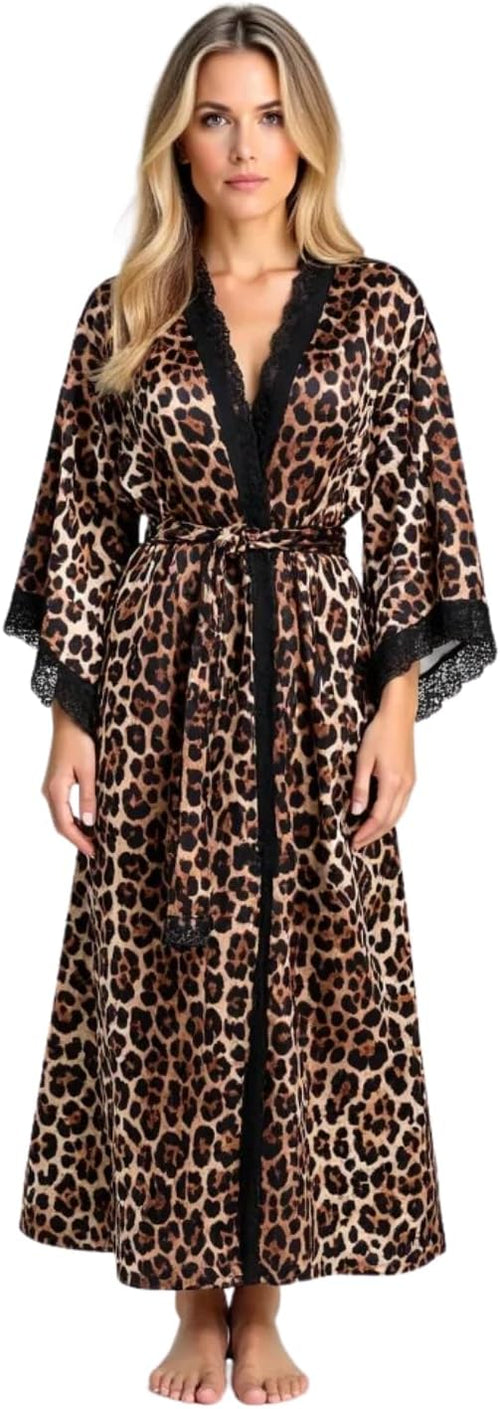 Women's Satin Kimono Robe with Lace Trim, Tie-Dye Print, Black and Gray, Long Length