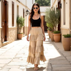 Women's Solid 3-Layer Frill Maxi Skirt – Long Flowing Viscose Skirt, Tiered Boho Style for Casual & Dressy Wear
