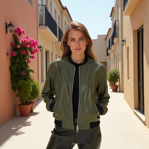 Women's Khaki Full Zip Padded Bomber Jacket – Lightweight Windproof Casual Outerwear with Ribbed Hem & Stand Collar
