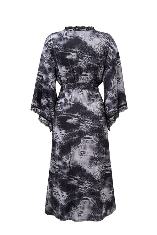 Women's Satin Kimono Robe with Lace Trim, Tie-Dye Print, Black and Gray, Long Length