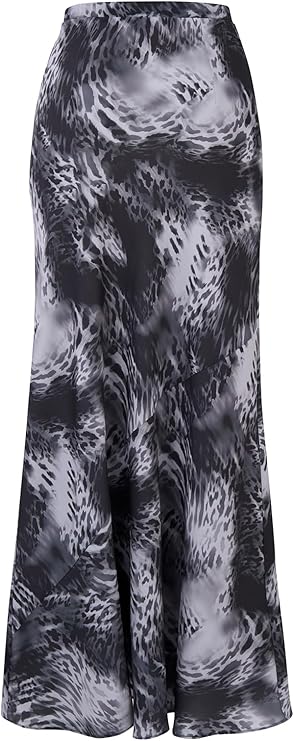Women's Midi Skirt – High Waist A-Line – Black & Gray Watermark Print – Soft Viscose Fabric  – Flowy & Lightweight Casual Skirt