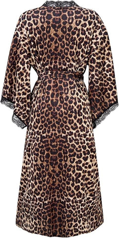 Women's Satin Kimono Robe with Lace Trim, Tie-Dye Print, Black and Gray, Long Length