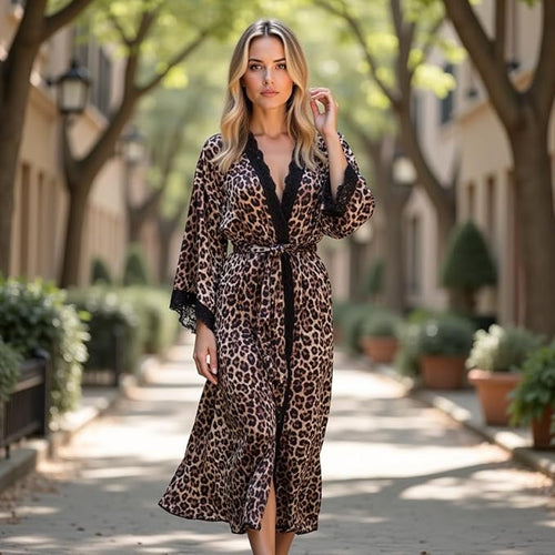 Women's Satin Kimono Robe with Lace Trim, Tie-Dye Print, Black and Gray, Long Length