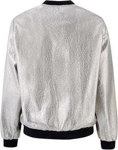 Women's Metallic Gray Bomber Jacket – Full Zip Lightweight Padded Windproof Outerwear with Ribbed Hem & Stand Collar