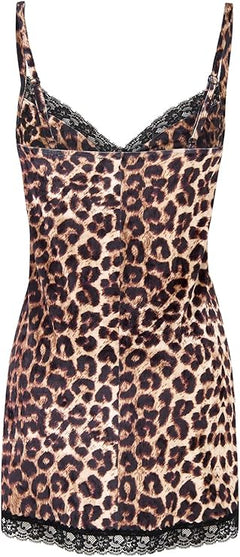 Women's Sexy Lace Chemise Nightgown V-Neck Babydoll Sleepwear Modal Lounge Dress - Elegant Leopard Print Sleepwear for Women