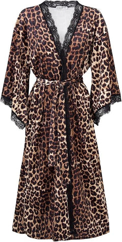 Women's Satin Kimono Robe with Lace Trim, Tie-Dye Print, Black and Gray, Long Length