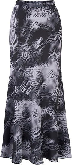 Women's Midi Skirt – High Waist A-Line – Black & Gray Watermark Print – Soft Viscose Fabric  – Flowy & Lightweight Casual Skirt