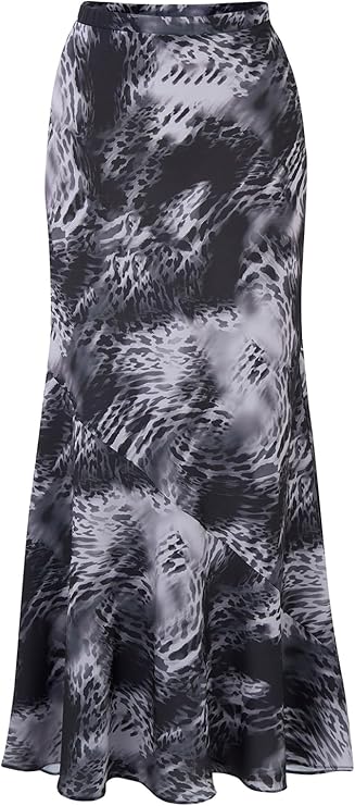 Women's Midi Skirt – High Waist A-Line – Black & Gray Watermark Print – Soft Viscose Fabric  – Flowy & Lightweight Casual Skirt
