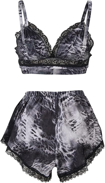 Women's 2 Piece Tie-Dye Velvet Loungewear Set - Soft Sleepwear Bralette and Shorts, Gray Watermark
