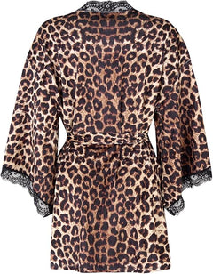 Women's Satin Kimono Robe - Short Leopard Print Robe with Lace Trim, Lightweight Sleepwear Loungewear