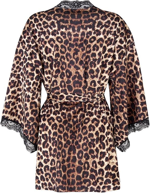 Women's Satin Kimono Robe - Short Leopard Print Robe with Lace Trim, Lightweight Sleepwear Loungewear