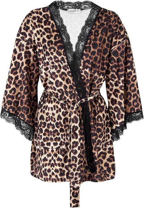 Women's Satin Kimono Robe - Short Leopard Print Robe with Lace Trim, Lightweight Sleepwear Loungewear