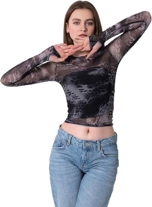 Women's Gray Watermark Mesh Top – Sheer Long Sleeve Slim Fit Crew Neck Blouse, Lightweight Printed Layering Shirt