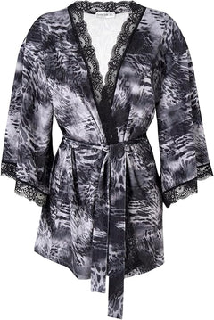 Women's Short Satin Robe with Lace Trim – Lightweight Kimono Sleepwear Dressing Gown