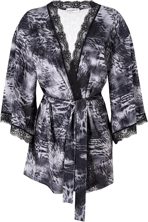 Women's Short Satin Robe with Lace Trim – Lightweight Kimono Sleepwear Dressing Gown