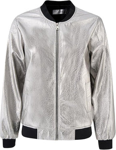 Women's Metallic Gray Bomber Jacket – Full Zip Lightweight Padded Windproof Outerwear with Ribbed Hem & Stand Collar