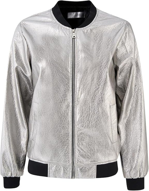 Women's Metallic Gray Bomber Jacket – Full Zip Lightweight Padded Windproof Outerwear with Ribbed Hem & Stand Collar