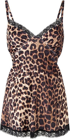 Women's Sexy Lace Chemise Nightgown V-Neck Babydoll Sleepwear Modal Lounge Dress - Elegant Leopard Print Sleepwear for Women