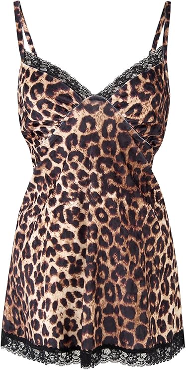 Women's Sexy Lace Chemise Nightgown V-Neck Babydoll Sleepwear Modal Lounge Dress - Elegant Leopard Print Sleepwear for Women