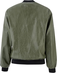 Women's Khaki Full Zip Padded Bomber Jacket – Lightweight Windproof Casual Outerwear with Ribbed Hem & Stand Collar