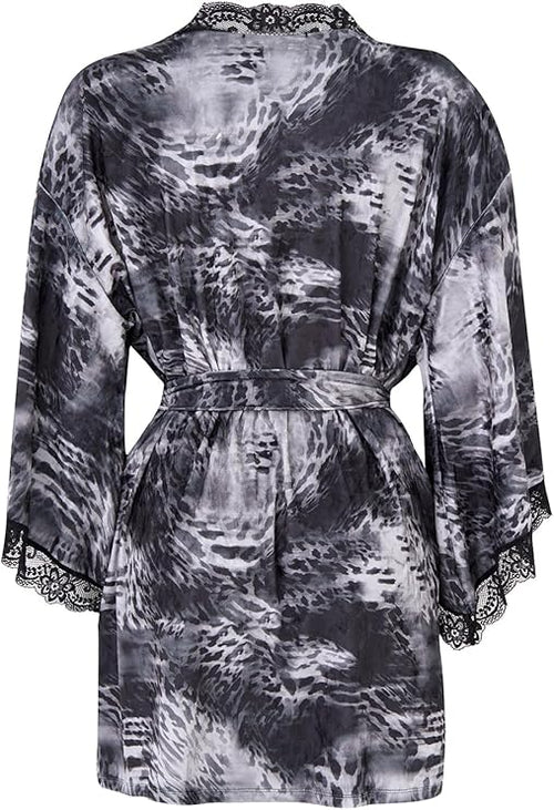 Women's Short Satin Robe with Lace Trim – Lightweight Kimono Sleepwear Dressing Gown