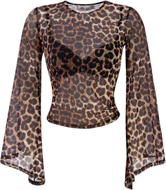 Women's Leopard Print Mesh Top – Long Sleeve Sheer Crew Neck Shirt, Slim Fit See-Through Layering Shirt