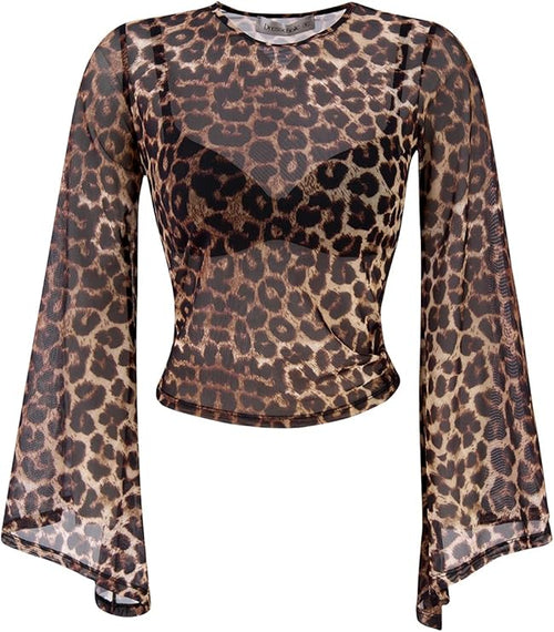 Women's Leopard Print Mesh Top – Long Sleeve Sheer Crew Neck Shirt, Slim Fit See-Through Layering Shirt