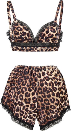 Women's 2 Piece Tie-Dye Velvet Loungewear Set - Soft Sleepwear Bralette and Shorts , Leopard Print